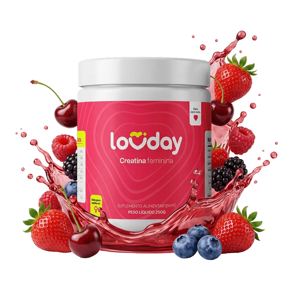 Pote Lovday de creatina feminina premium sabor frutas vermelhas